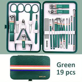 Premium Manicure Set - Stainless Steel Toe & Finger Nail Clippers, Files & Cutters - Perfect for Men & Women! (Color: Green 19 In 1)